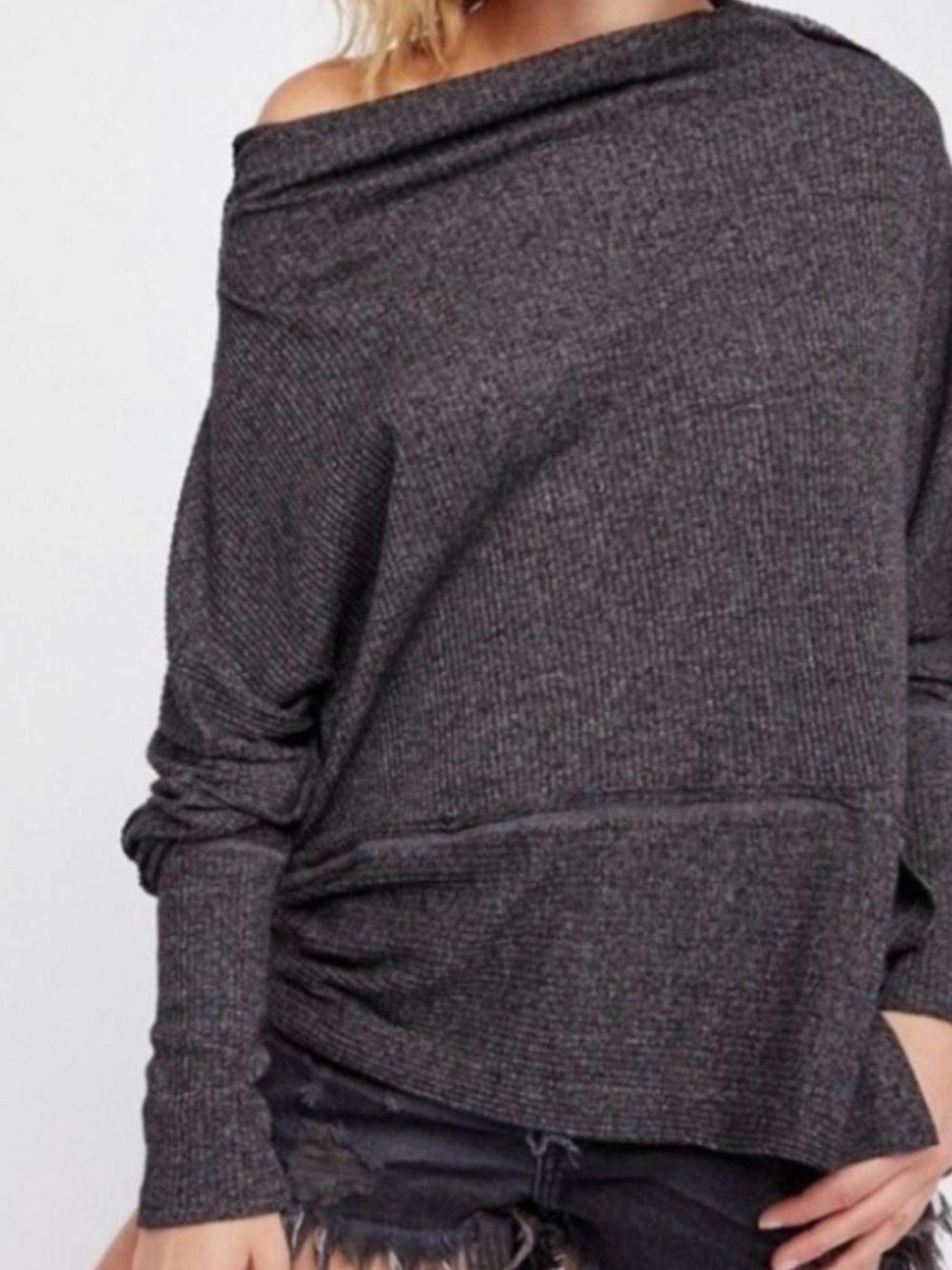 #894 WE THE FREE Londontown Boatneck Charcoal Ribbed Asymmetrical Thermal